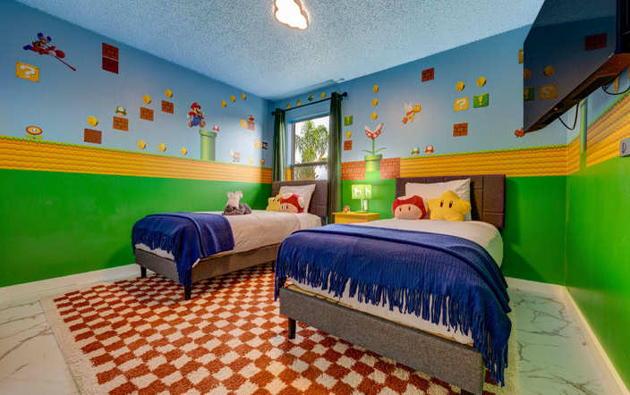 Fun Nintendo-style bedroom with twin beds close to Disney in Kissimmee Florida 